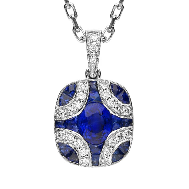 18ct White Gold Sapphire and Diamond Cluster Art Deco Necklace FEU