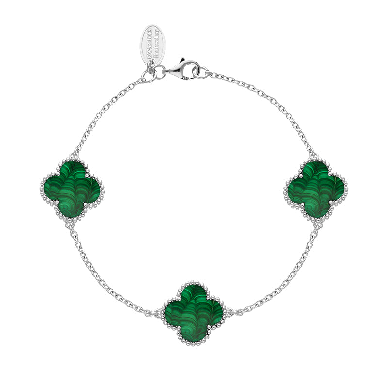 18ct White Gold Malachite Bloom Four Leaf Clover Ball Edge Chain