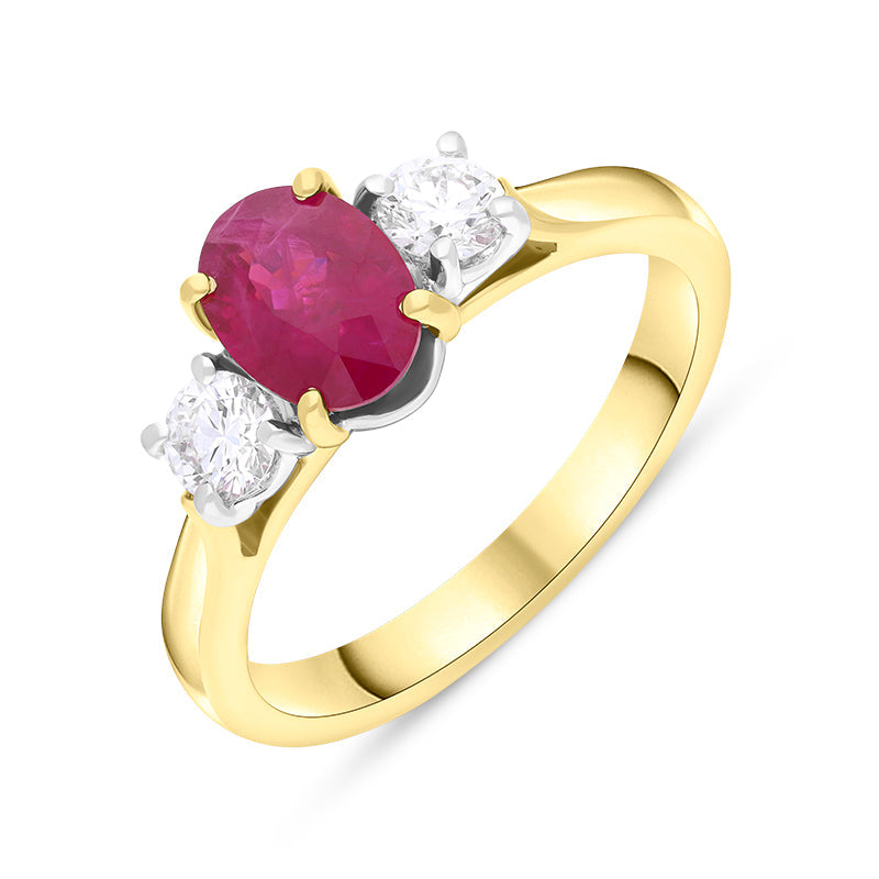 18ct Yellow Gold Ruby Diamond Oval Cut Three Stone Ring FEU-2834 | C W ...