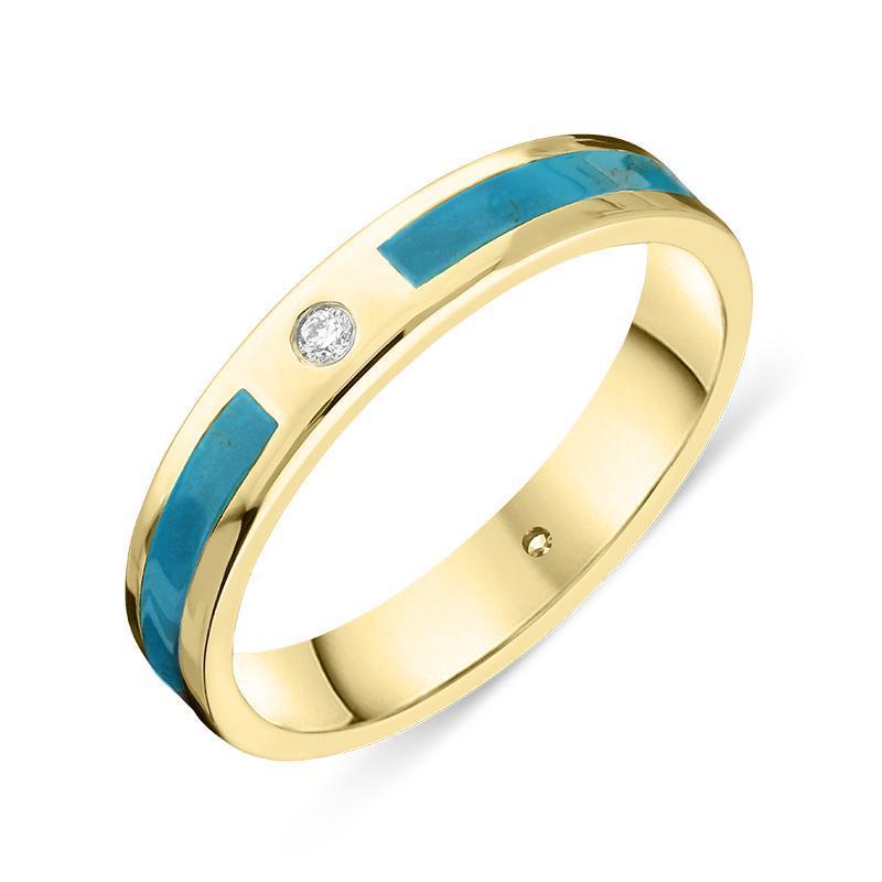 18ct Yellow Gold Turquoise Diamond 4mm Patterned Wedding Band Ring
