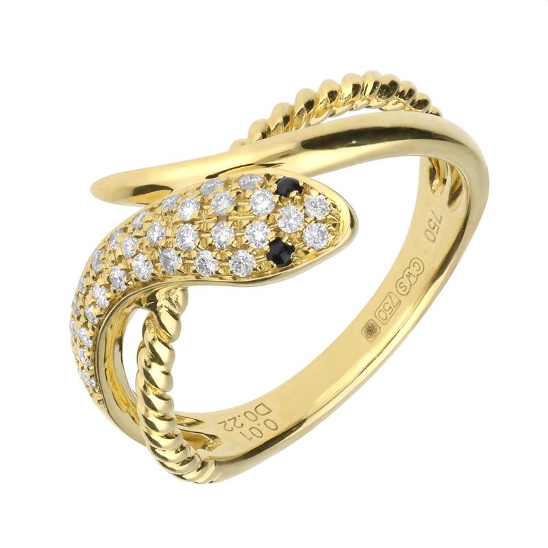 18ct Yellow Gold Whitby Jet Diamond Twist Snake Ring