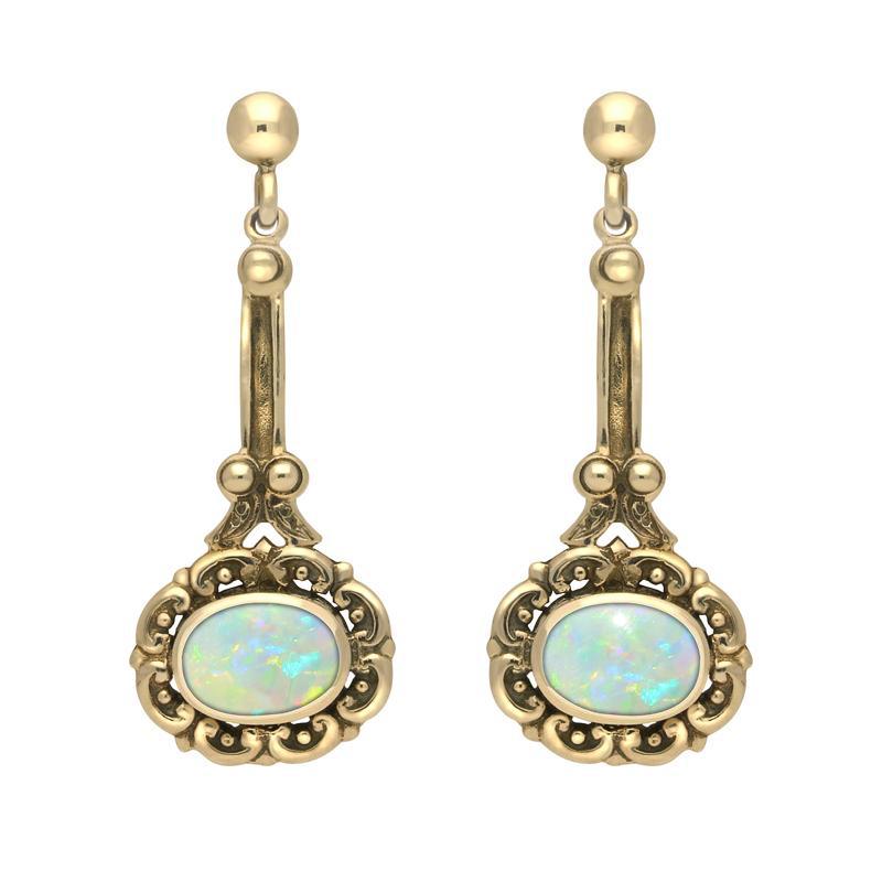 9ct Yellow Gold Opal Ornate Antique Oval Drop Earrings E053 C W Sellors Fine Jewellery