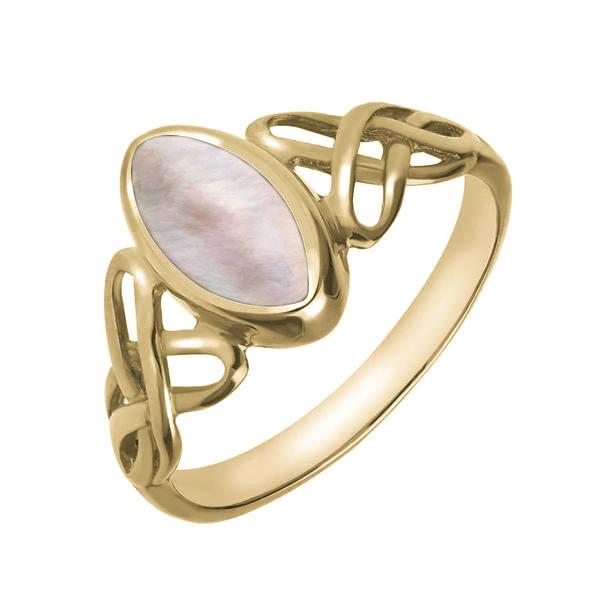 9ct Yellow Gold Pink Mother of Pearl Marquise Celtic Ring R462