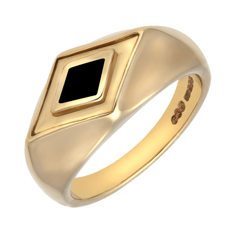 9ct Yellow Gold Whitby Jet Diamond Shape Signet Ring D R179 C W Sellors Fine Jewellery
