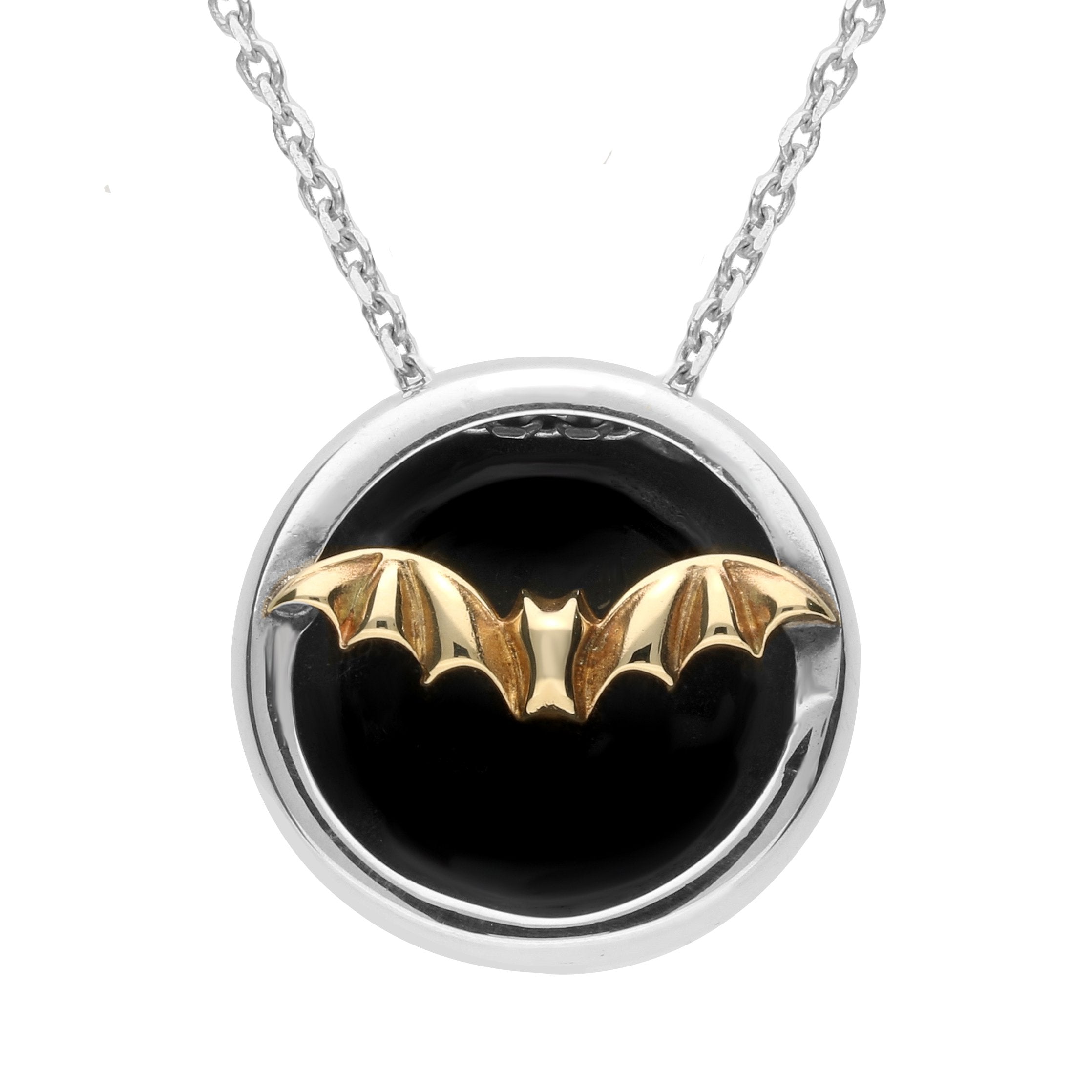 Sterling Silver 9ct Yellow Gold Whitby Jet Round Gothic Bat Necklace P1776 C W Sellors Fine Jewellery
