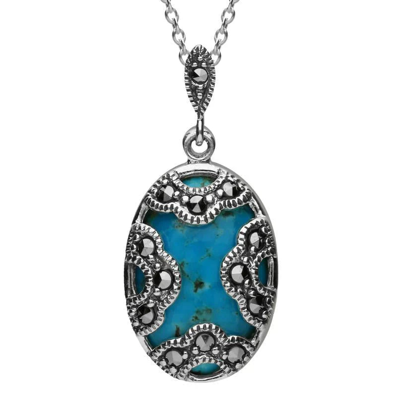 Sterling Silver Turquoise Marcasite Oval Art Deco Necklace P2125