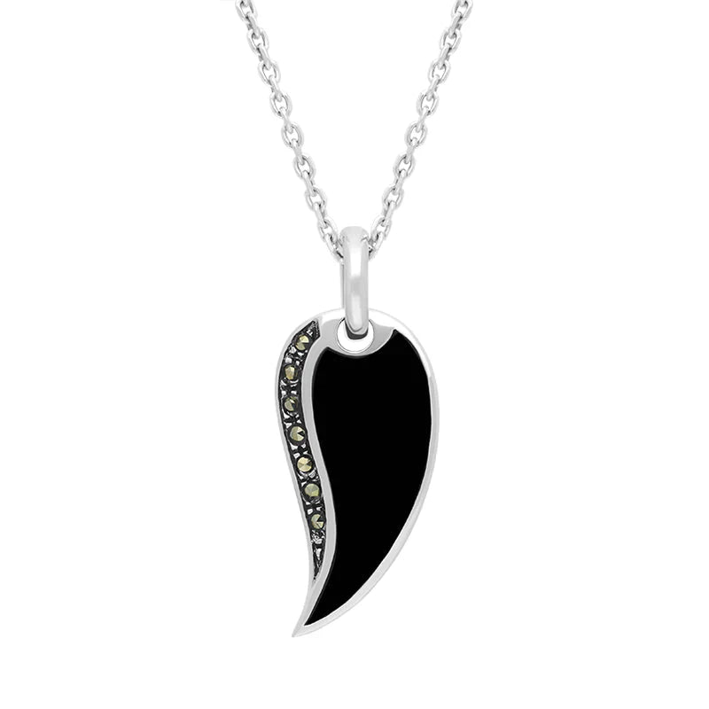 Sterling Silver Whitby Jet Marcasite Teardrop Necklace P929 C W