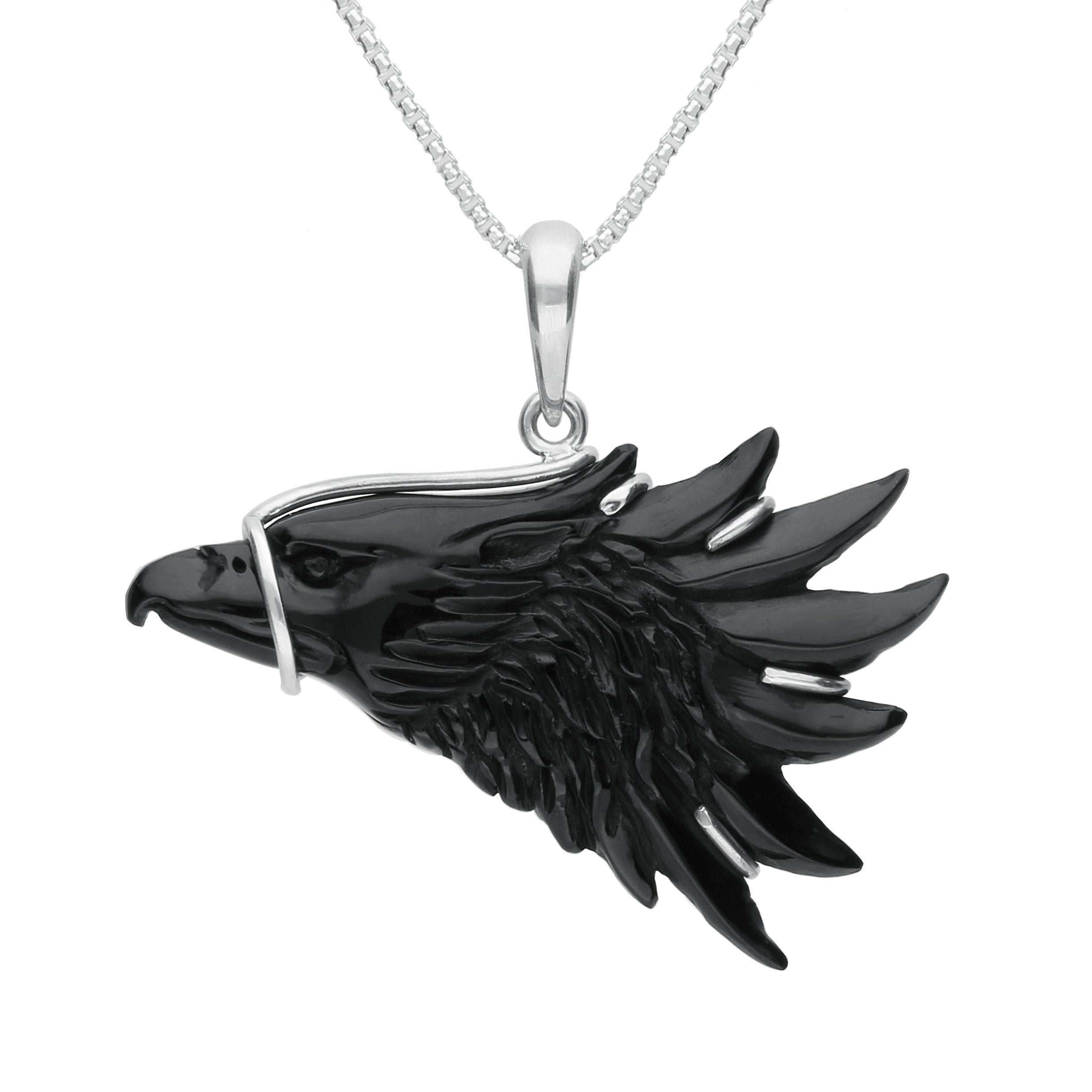 Sterling Silver Whitby Jet Carved Eagle Head Necklace PUNQ0006194 C W Sellors Fine Jewellery