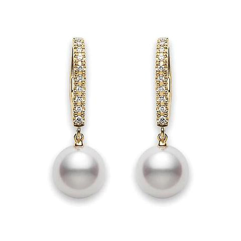 Mikimoto 18ct Yellow Gold Diamond 7.5mm White Akoya Pearl Drop Earring
