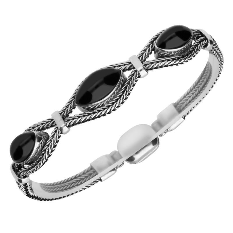 Sterling Silver Whitby Jet Foxtail Three Stone Marquise Bracelet D