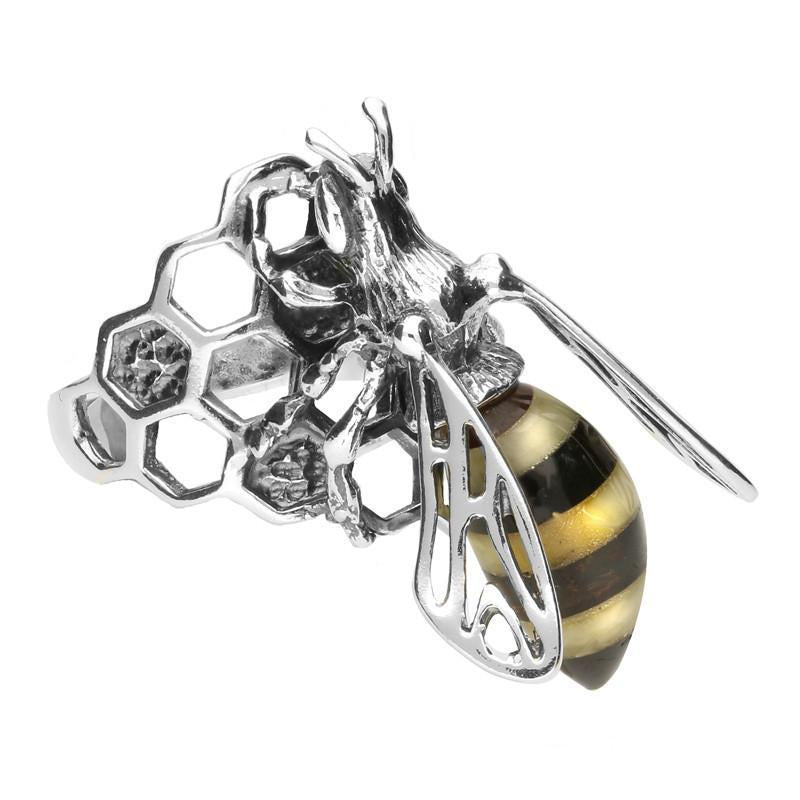 Sterling Silver Amber Honeycomb Bee Ring