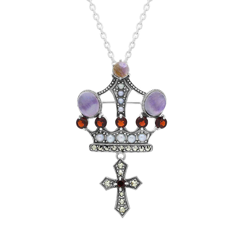 Sterling Silver Blue John Marcasite Garnet Freshwater Pearl Crown Cross Necklace