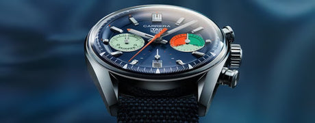 New TAG Heuer Skipper at angle, showing off the its blue dial with 2 green subdials