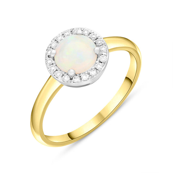 18ct Yellow Gold Opal Diamond Round Halo Ring FEU-1713