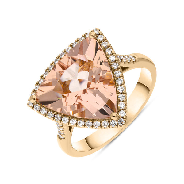 18ct Rose Gold Morganite Diamond Trillion Cut Shoulder Set Halo Ring TVN-361