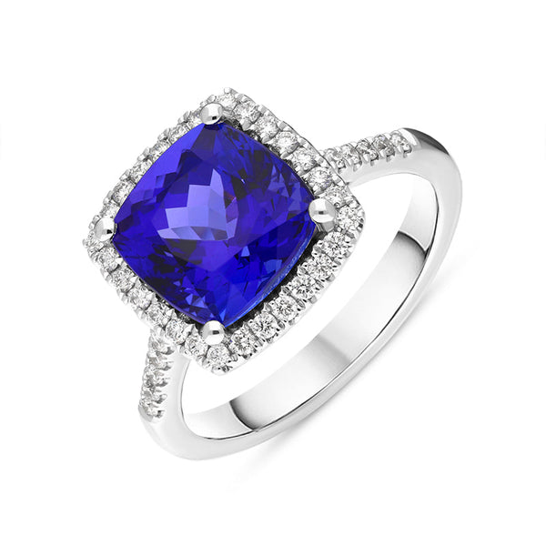 18ct White Gold Tanzanite Diamond Cushion Cut Shoulder Set Halo Ring, TVN-360