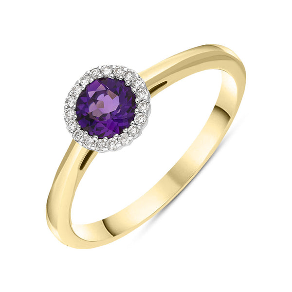 18ct Yellow Gold Amethyst Diamond Round Cut Halo Ring, TVN-378
