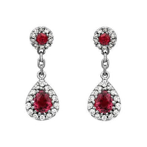 18ct White Gold 0.85ct Ruby Diamond Pear Cluster Drop Earrings, FEU-061.
