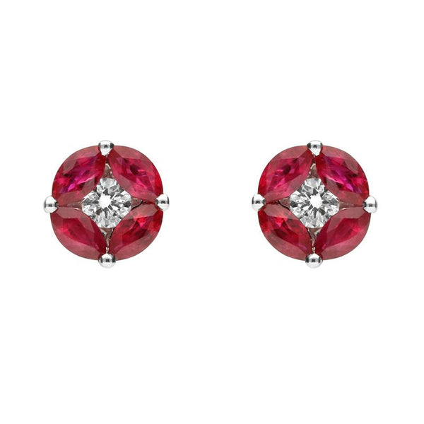 18ct White Gold 0.84ct Ruby Diamond Marquise Stud Earrings, 03-13-090.