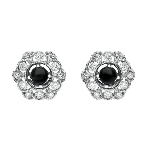 18ct White Gold Whitby Jet 0.62ct Diamond Flower Shape Stud Earrings, E1992.