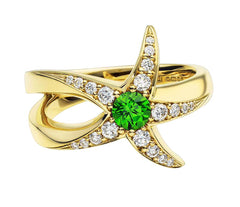 18ct Yellow Gold Diamond 0.26ct Tsavorite 0.40ct Starfish Interlocking Ring, view 2