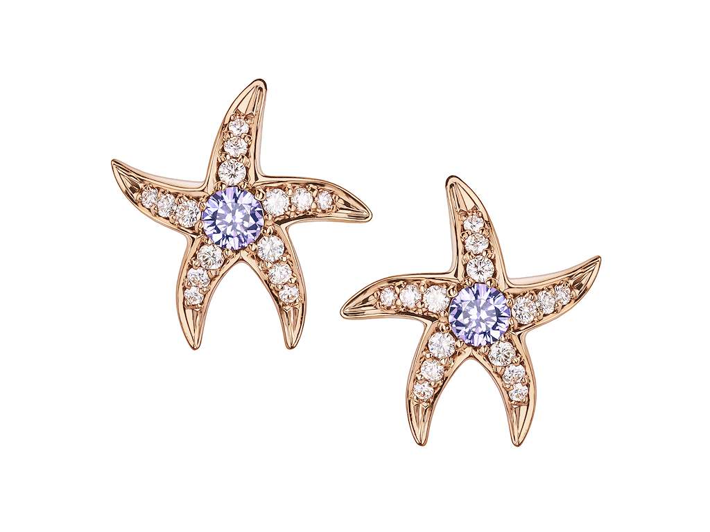 18ct Rose Gold Diamond 0.30ct Sapphire 0.45ct Starfish Stud Earring, view 1