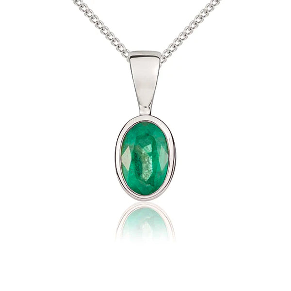 9ct White Gold Emerald 6x4mm Oval Rub Over Set Necklace 62-60-013.