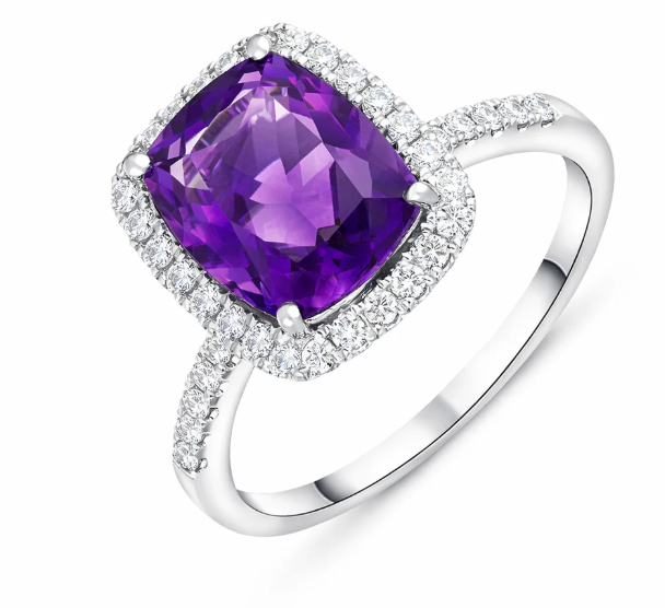 18ct White Gold Amethyst 2.58ct Diamond 0.32ct Cushion Grain Cls Diamond Shank Ring, view 1