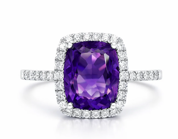 18ct White Gold Amethyst 2.58ct Diamond 0.32ct Cushion Grain Cls Diamond Shank Ring, view 3