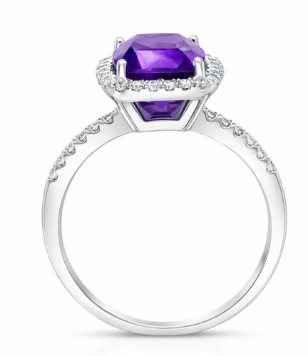 18ct White Gold Amethyst 2.58ct Diamond 0.32ct Cushion Grain Cls Diamond Shank Ring, view 4