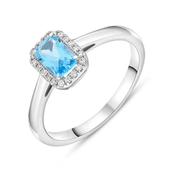 Tivon 18ct White Gold Blue Topaz Diamond Emerald Cut Cluster Ring TVN-397 