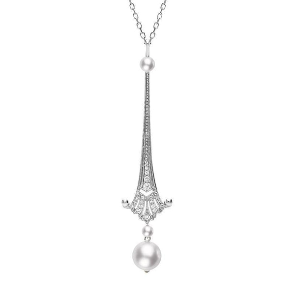 Mikimoto 18ct White Gold Akoya Pearl Diamond Art Deco Necklace, PPM74DW.
