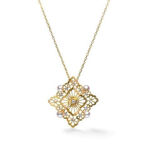 Mikimoto Lace 18ct Yellow Gold Diamond White Akoya Pearl Necklace, PP 20091D K.
