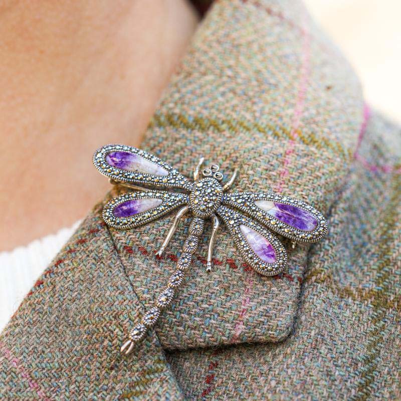 Sterling Silver Blue John Marcasite House Style Large Dragonfly Brooch