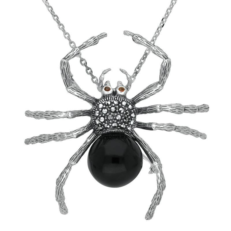 Sterling Silver Whitby Jet Marcasite and Garnet Spider Brooch