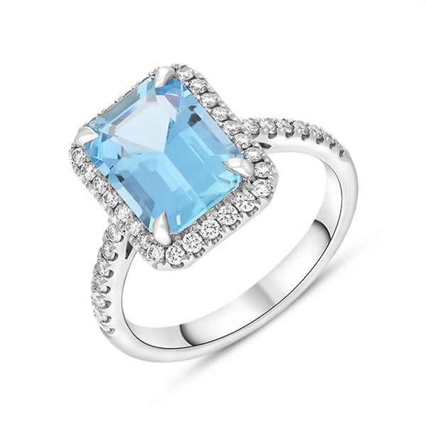 Tivon Platinum Santa Maria Aquamarine Diamond Emerald Cut Cluster Ring TVN-394